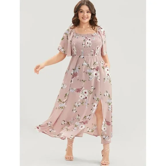 NWT BloomChic Dusty Pink Floral Square Neck Ruffles Pocket Shirred Split Dress - Picture 1 of 3